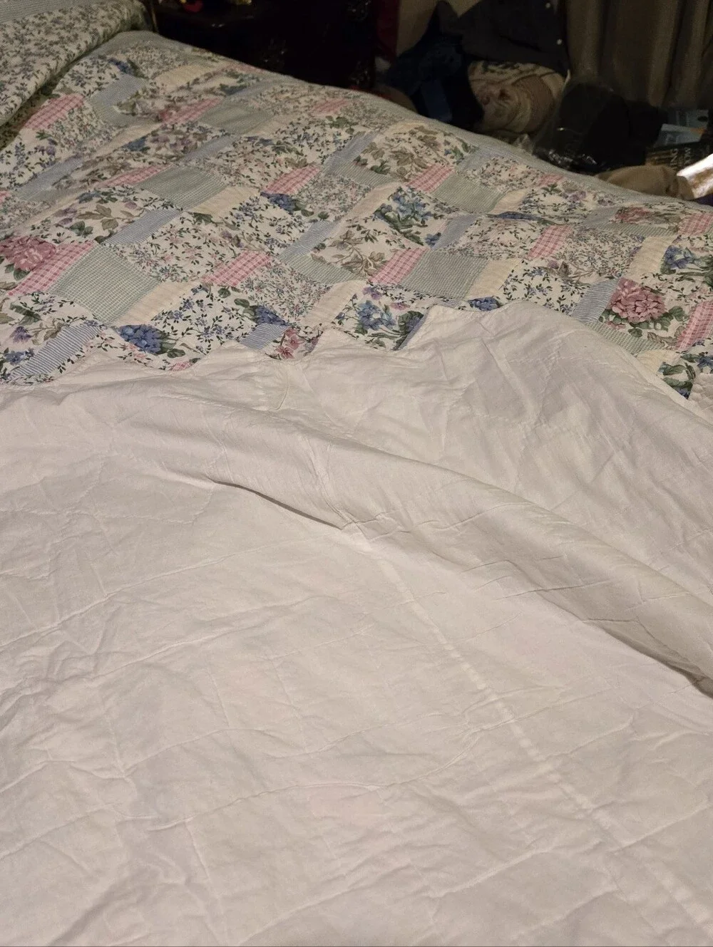 Cottage French Country style quilt Queen Sz Mach made Blue/Pink Floral 94
